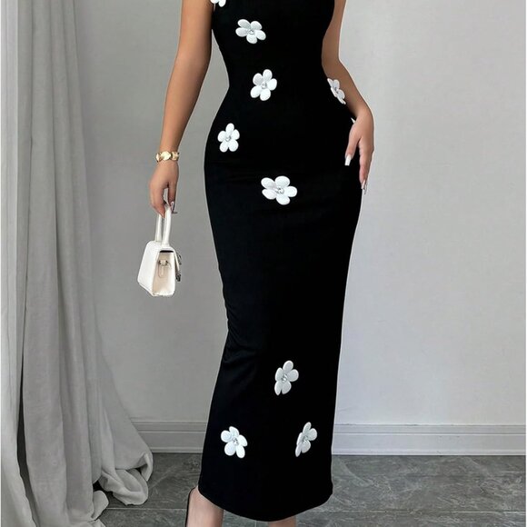 Women's Knit Bodycon Maxi Dress Sleeveless Floral Rhinestone Elegant - Picture 6 of 6